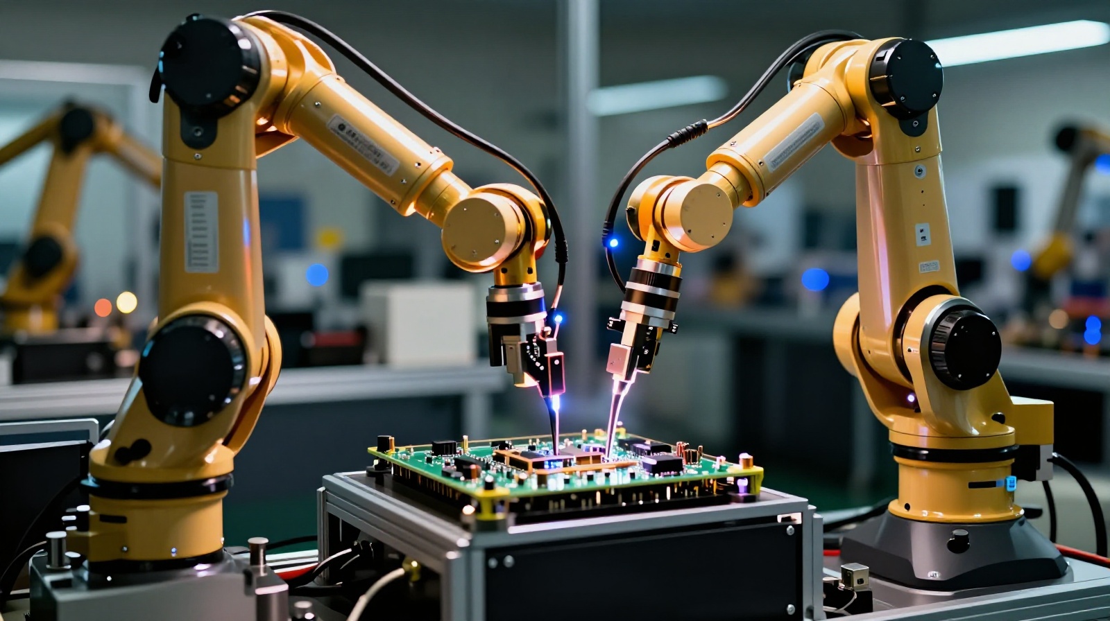 Robotic arm working in a pitch-black automated factory with only machine lights visible