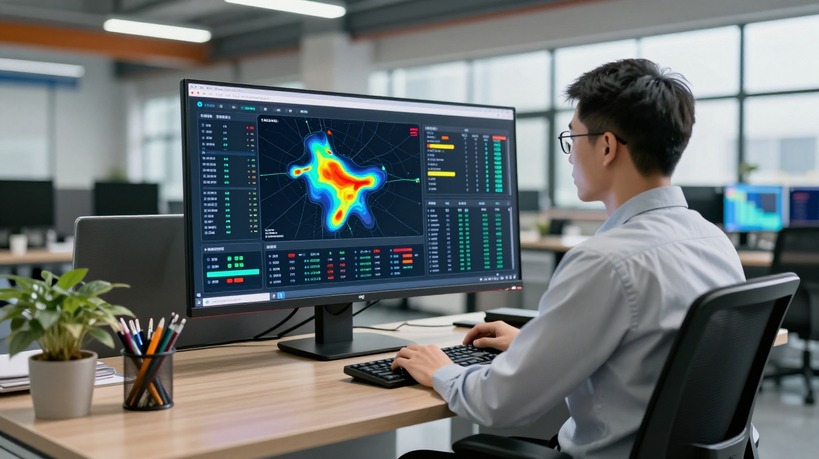 Engineer monitoring automated production line on a large screen in a bright office