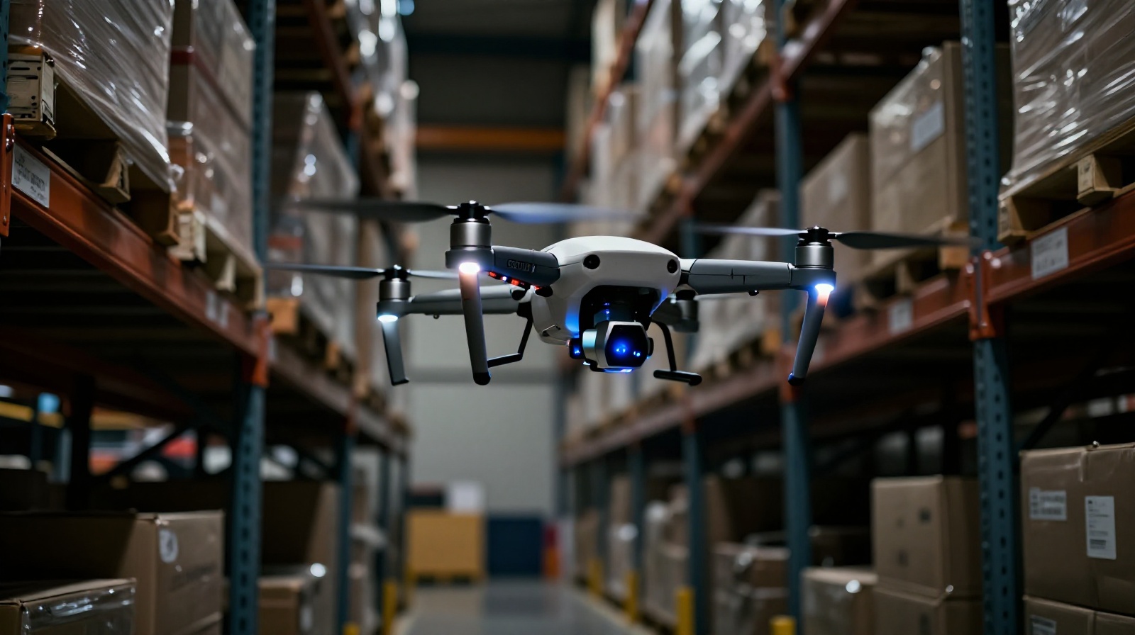 Autonomous drone inspecting inventory in a dark logistics center