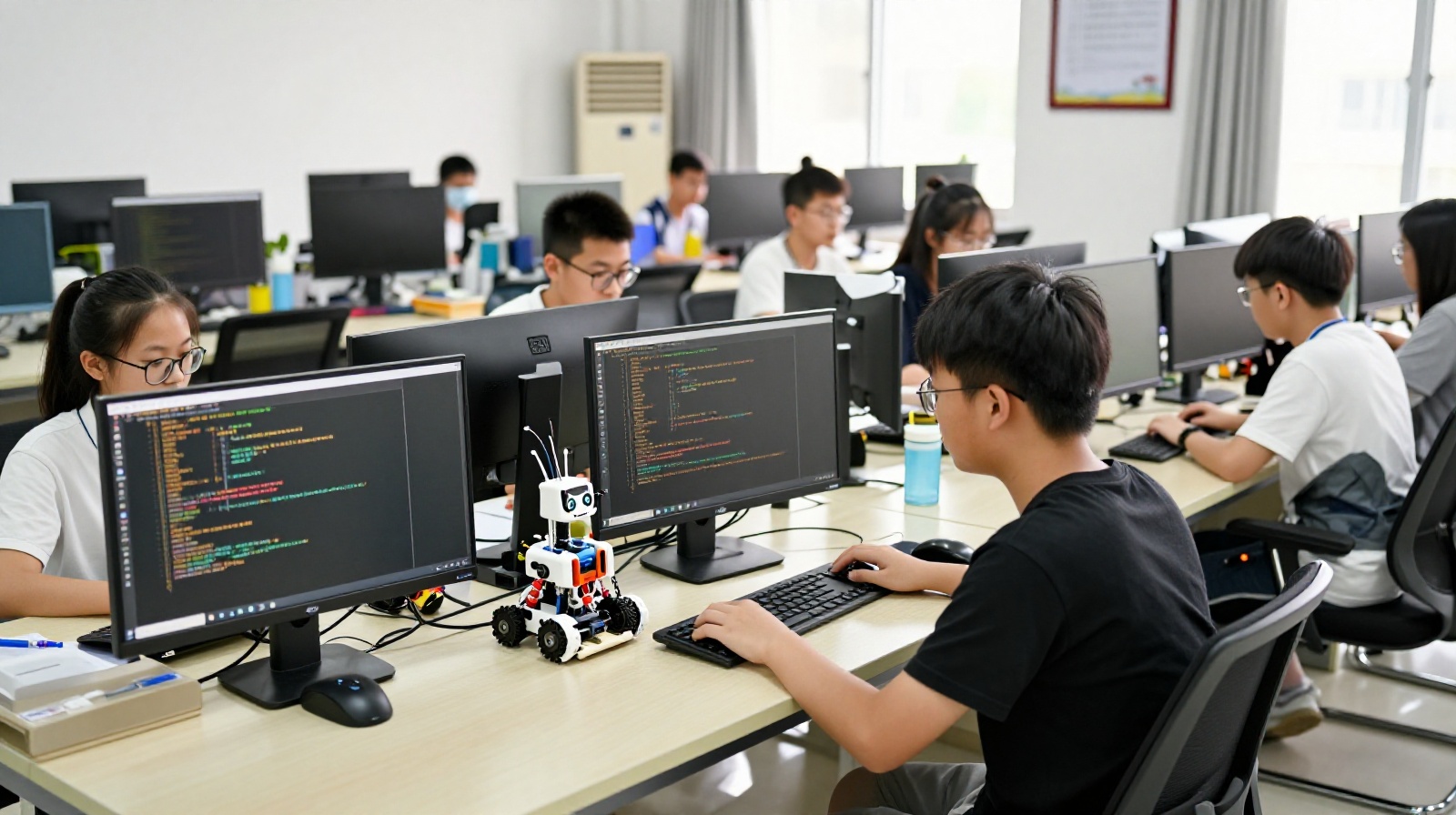 Students learning programming and robotics in a modern Chinese technical college