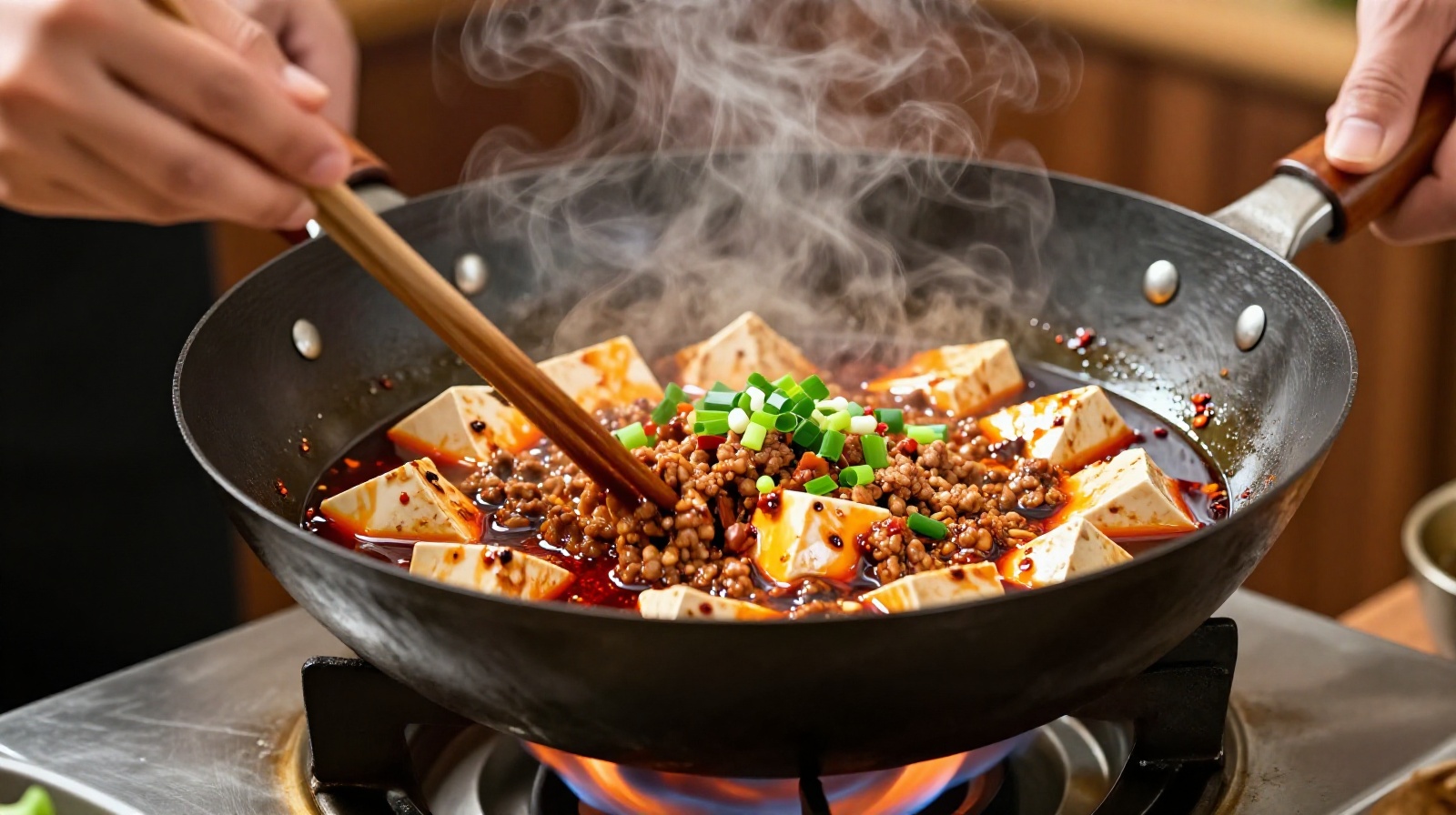 Chef cooking Sichuan Mapo Tofu in a wok with vibrant red chili oil and steam rising
