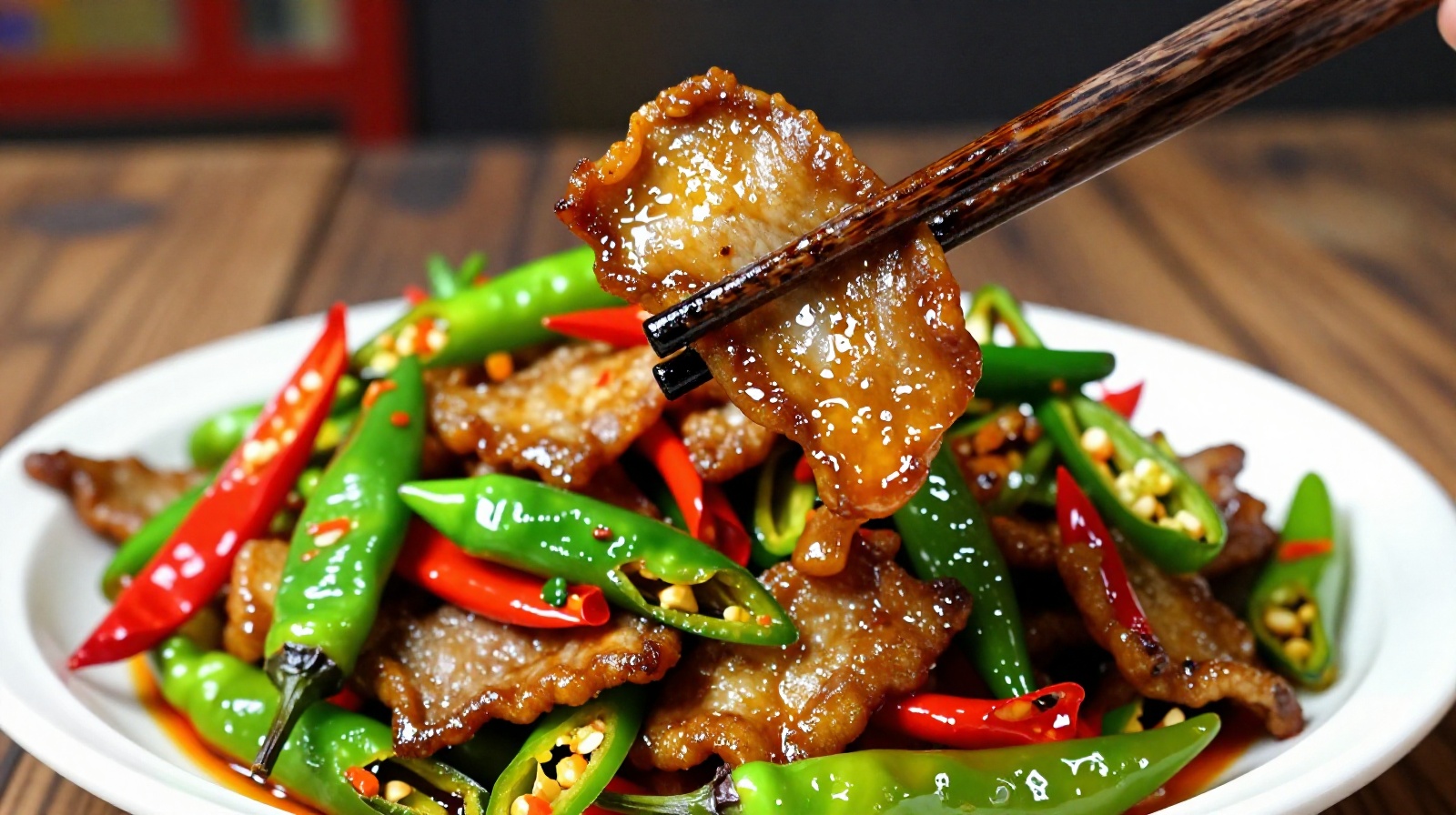 Hunan style spicy stir-fried pork with fresh green and red peppers on a wooden plate