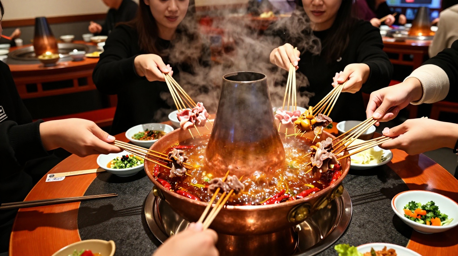 People eating Chongqing hot pot with a large cauldron of bubbling red spicy broth