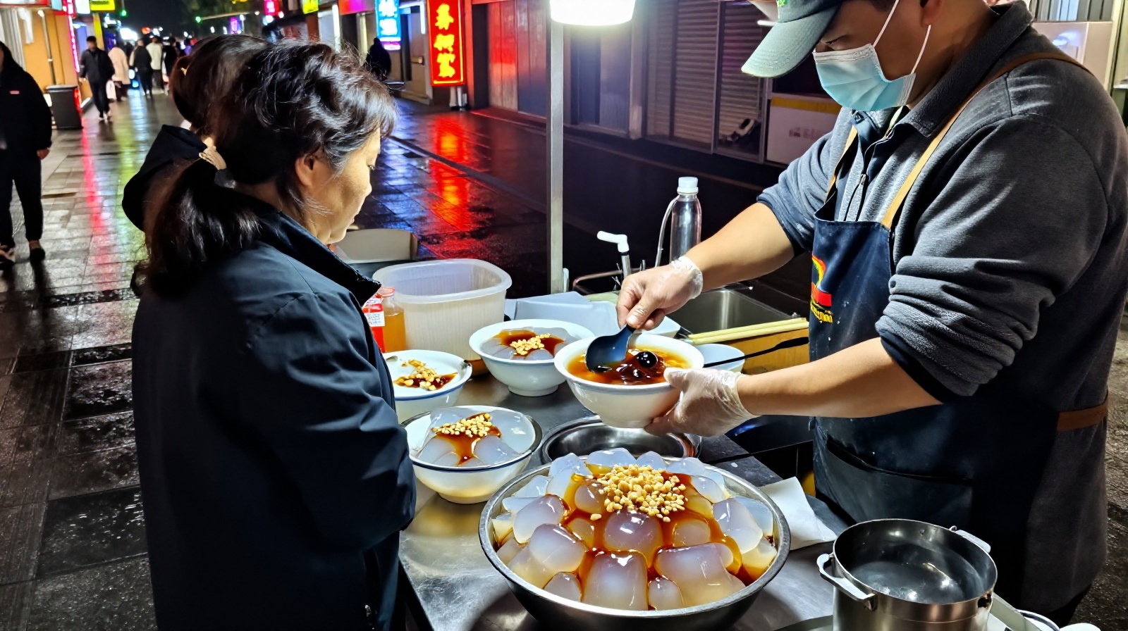 Street vendor serving traditional Chongqing Bingfen ice jelly dessert with toppings