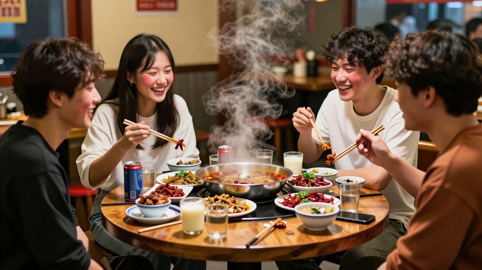 Young people enjoying spicy street food together in a lively night market setting