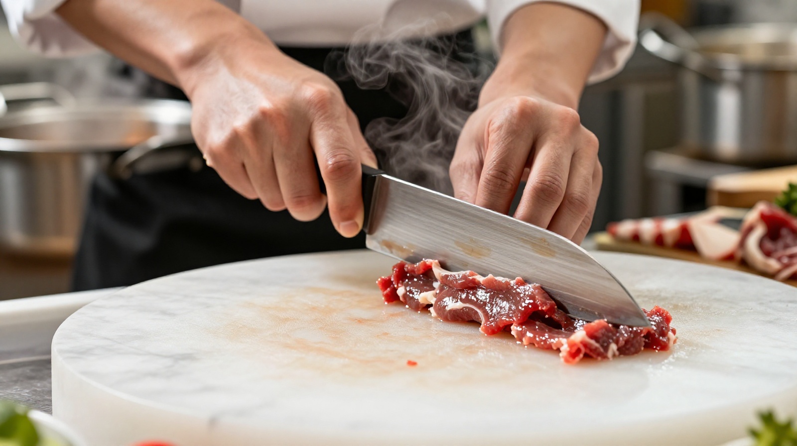 A chef slicing fresh raw beef thinly on a marble counter in a Chaoshan hotpot restaurant
