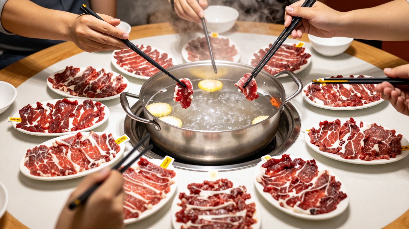 Variety of fresh beef cuts for Chaoshan hotpot arranged on a table next to a boiling soup pot