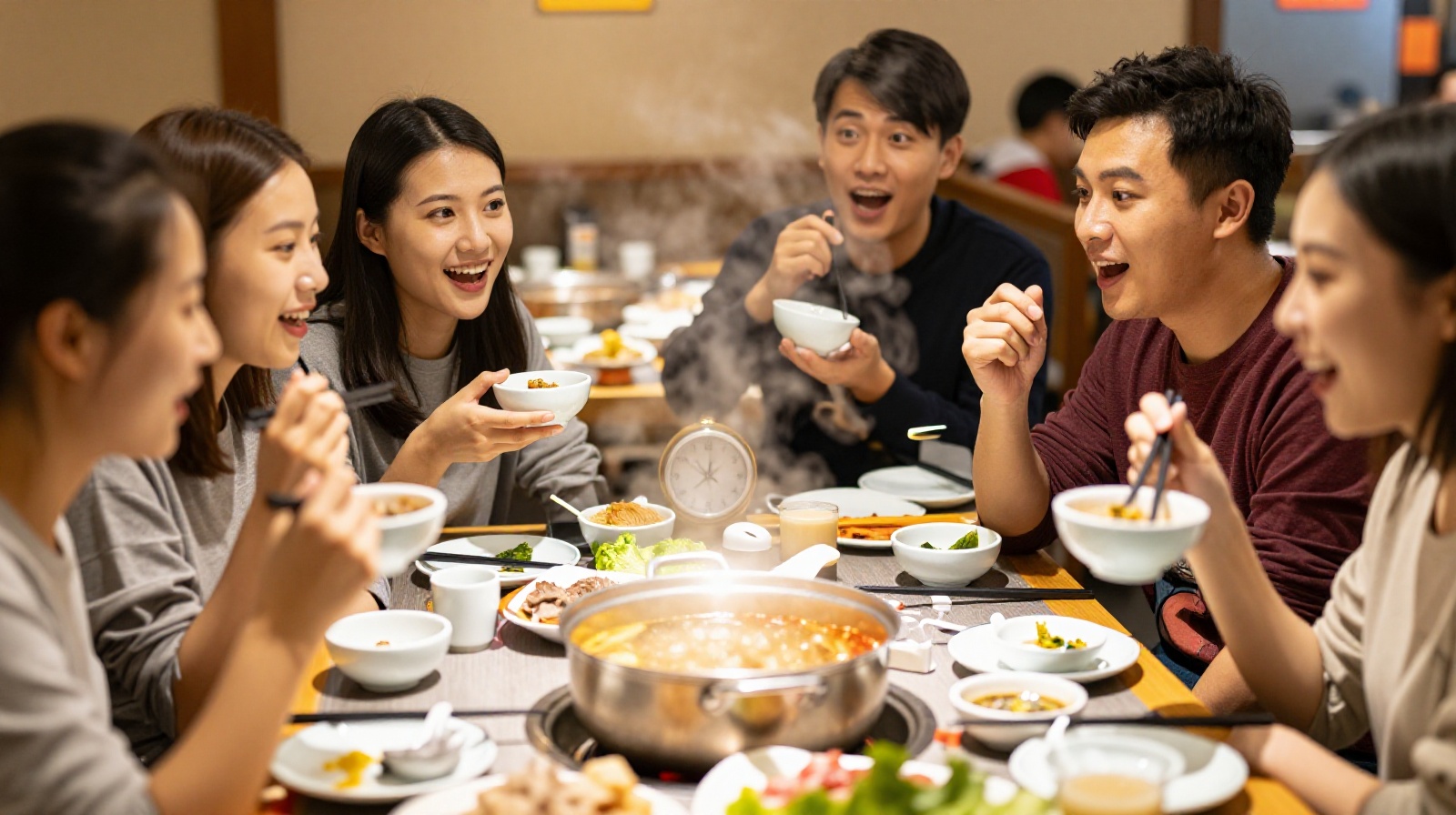 Diners counting seconds while cooking beef in a traditional Chaoshan hotpot restaurant