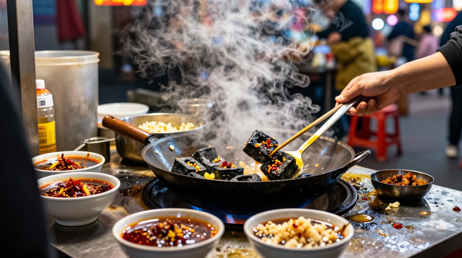 Vendor deep frying black stinky tofu in a bustling Chinese street food market at night