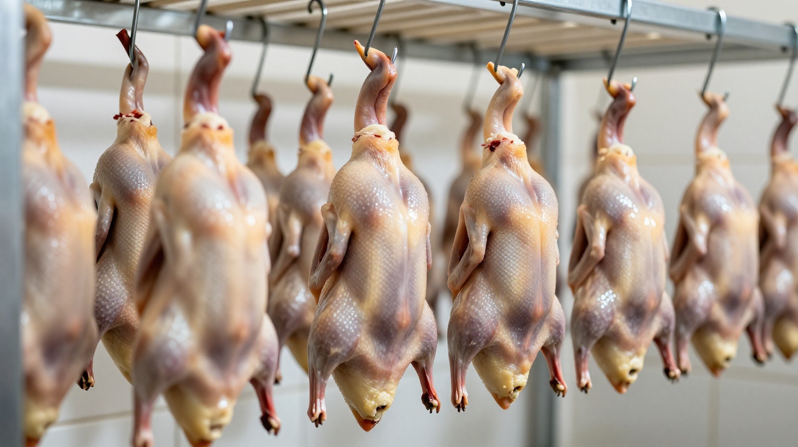 Raw ducks hanging on metal hooks in a traditional Chinese wind-drying room preparing for roasting