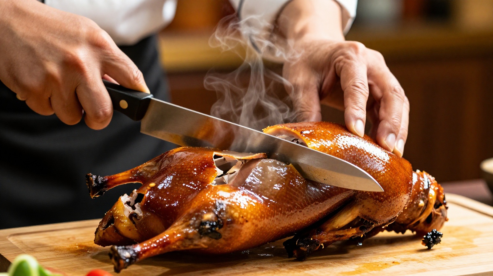 Close-up of a chef slicing crispy Peking duck skin with a traditional sharp knife