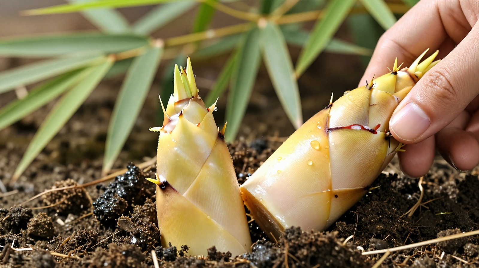 A close-up of a fresh spring bamboo shoot being harvested from the soil at dawn in rural China
