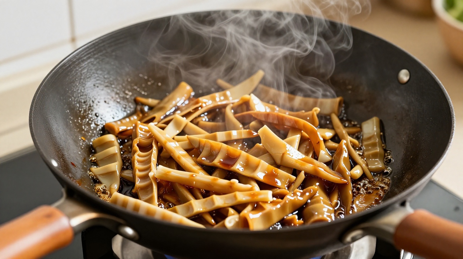 Cooking oil-braised spring bamboo shoots in a wok with soy sauce and oil