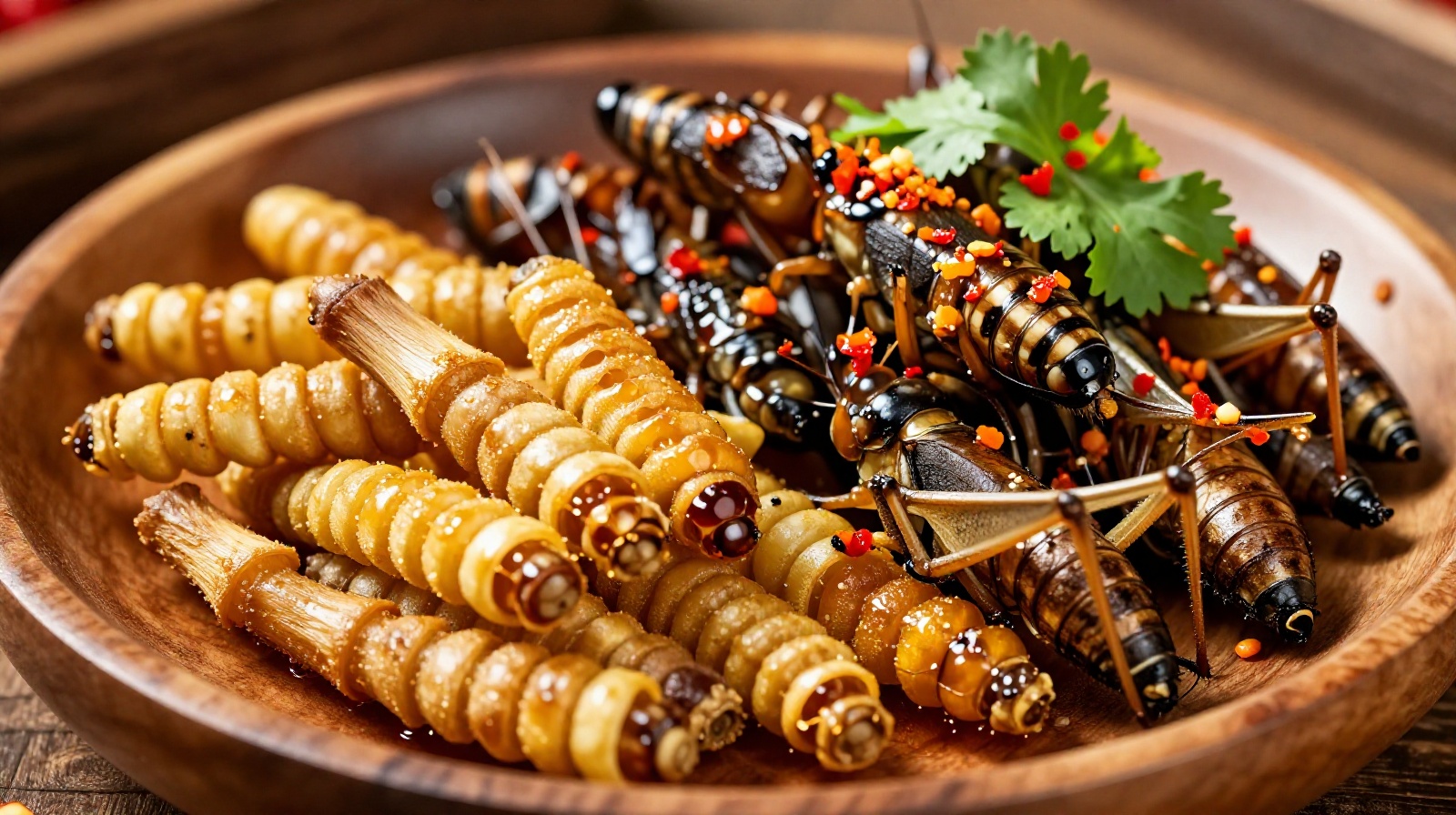 A close-up view of a wooden plate filled with fried edible insects like bamboo worms and grasshoppers served as street food in Yunnan