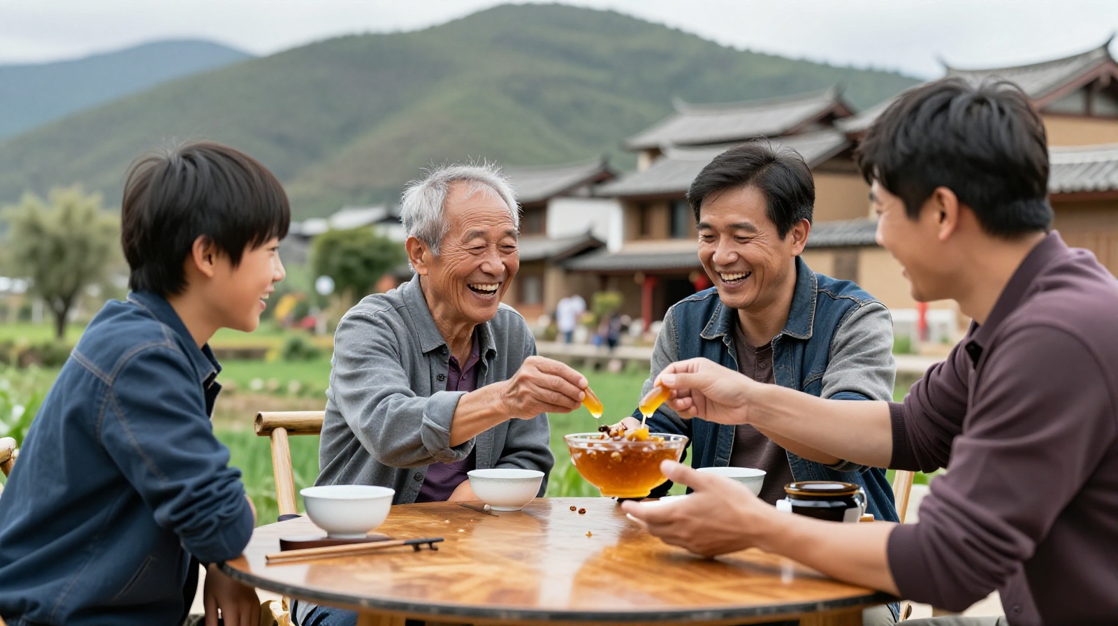 A happy family enjoying fried bee pupae together at an outdoor meal in the countryside of Yunnan province