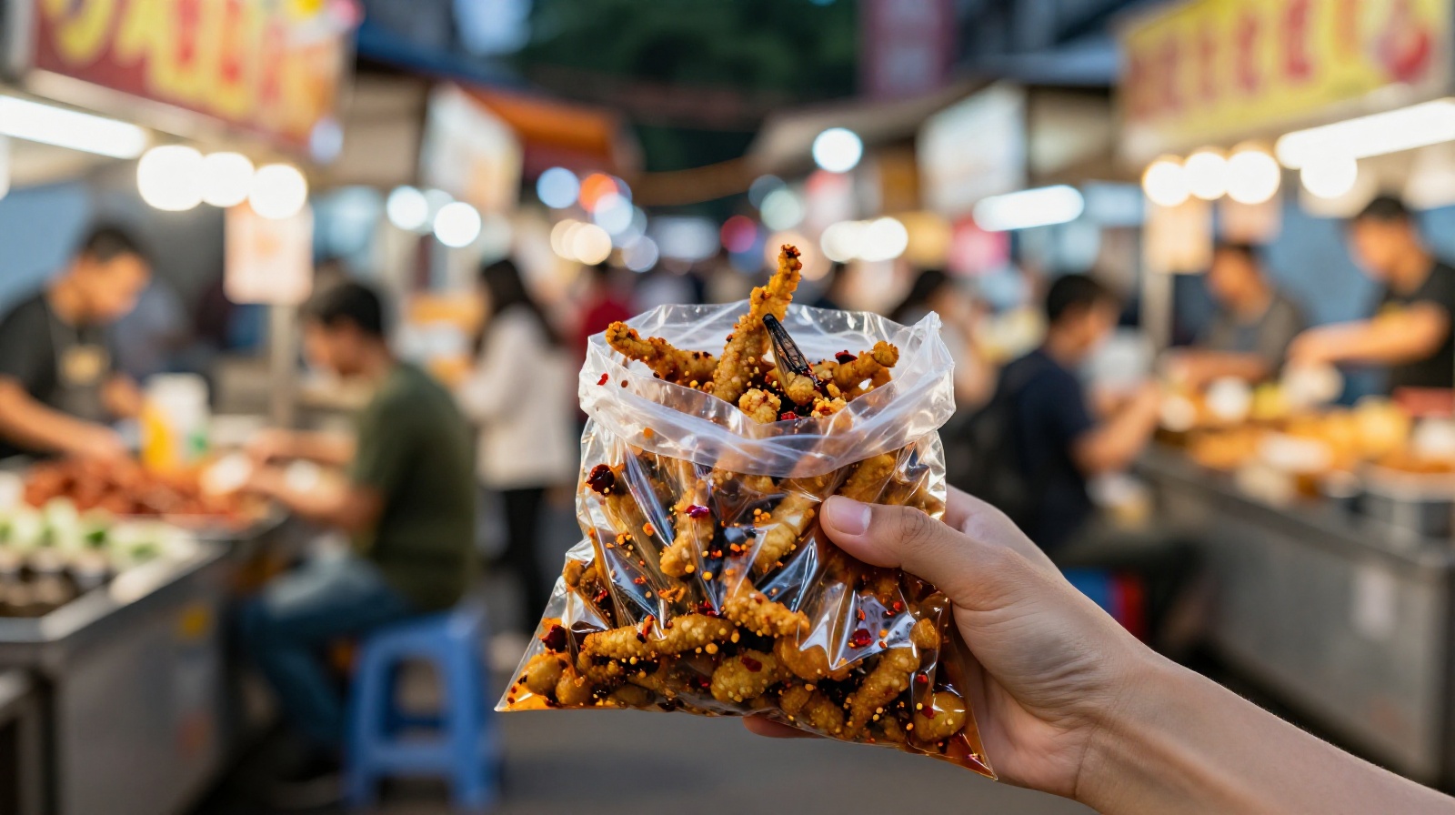 A tourist holding a bag of spicy fried crickets and insects while exploring a Chinese night market