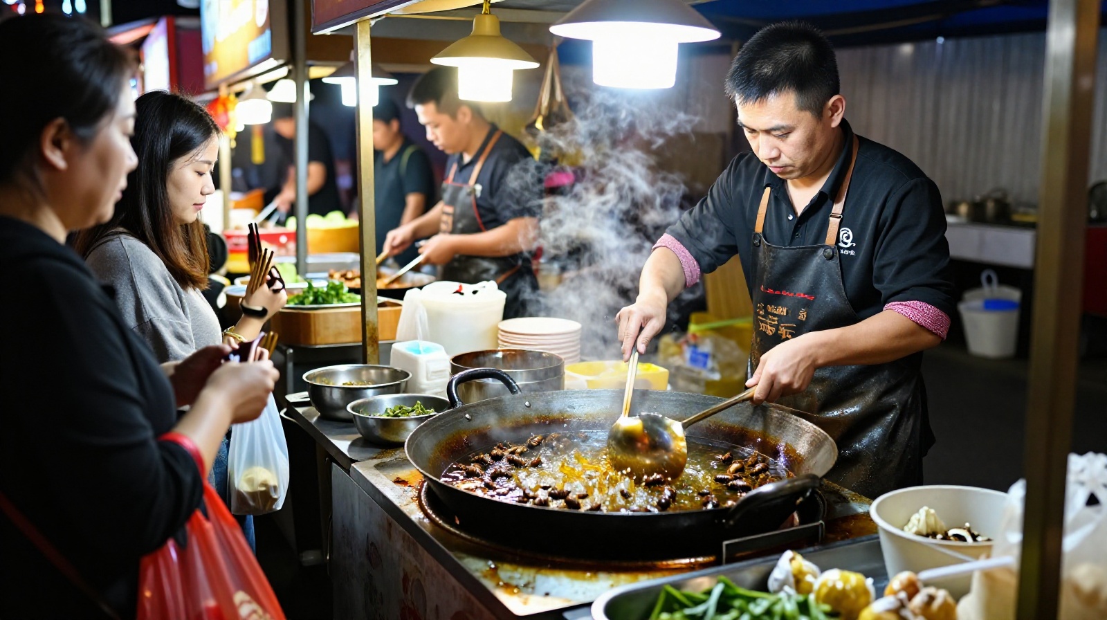 A street vendor frying fresh insects in hot oil at a lively night market in Kunming