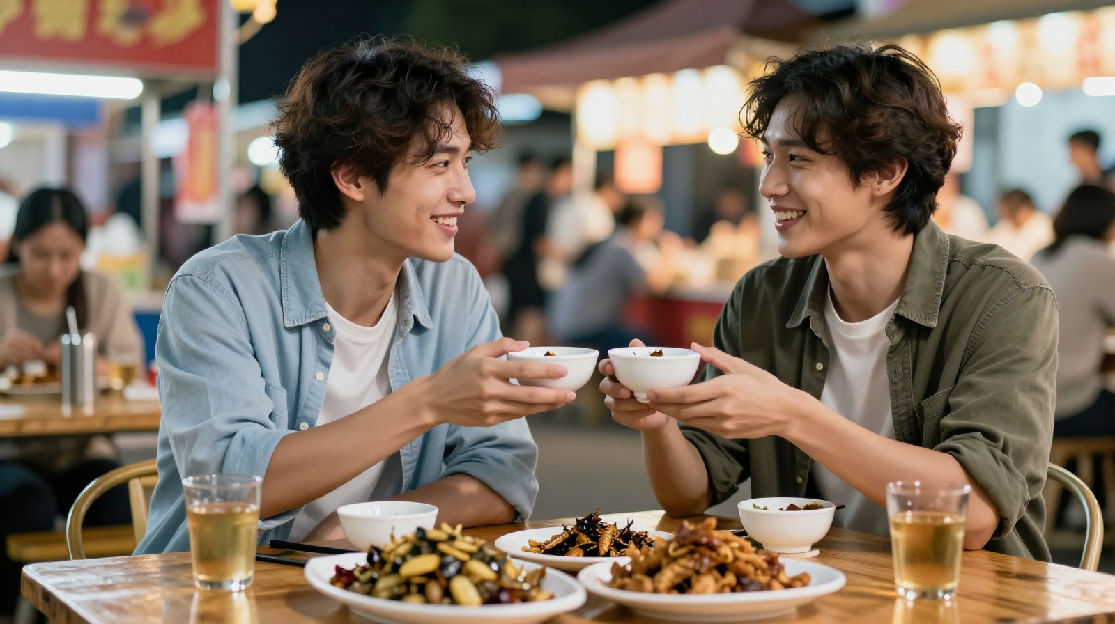 A local person and a tourist sharing a meal and laughing at a Yunnan night market