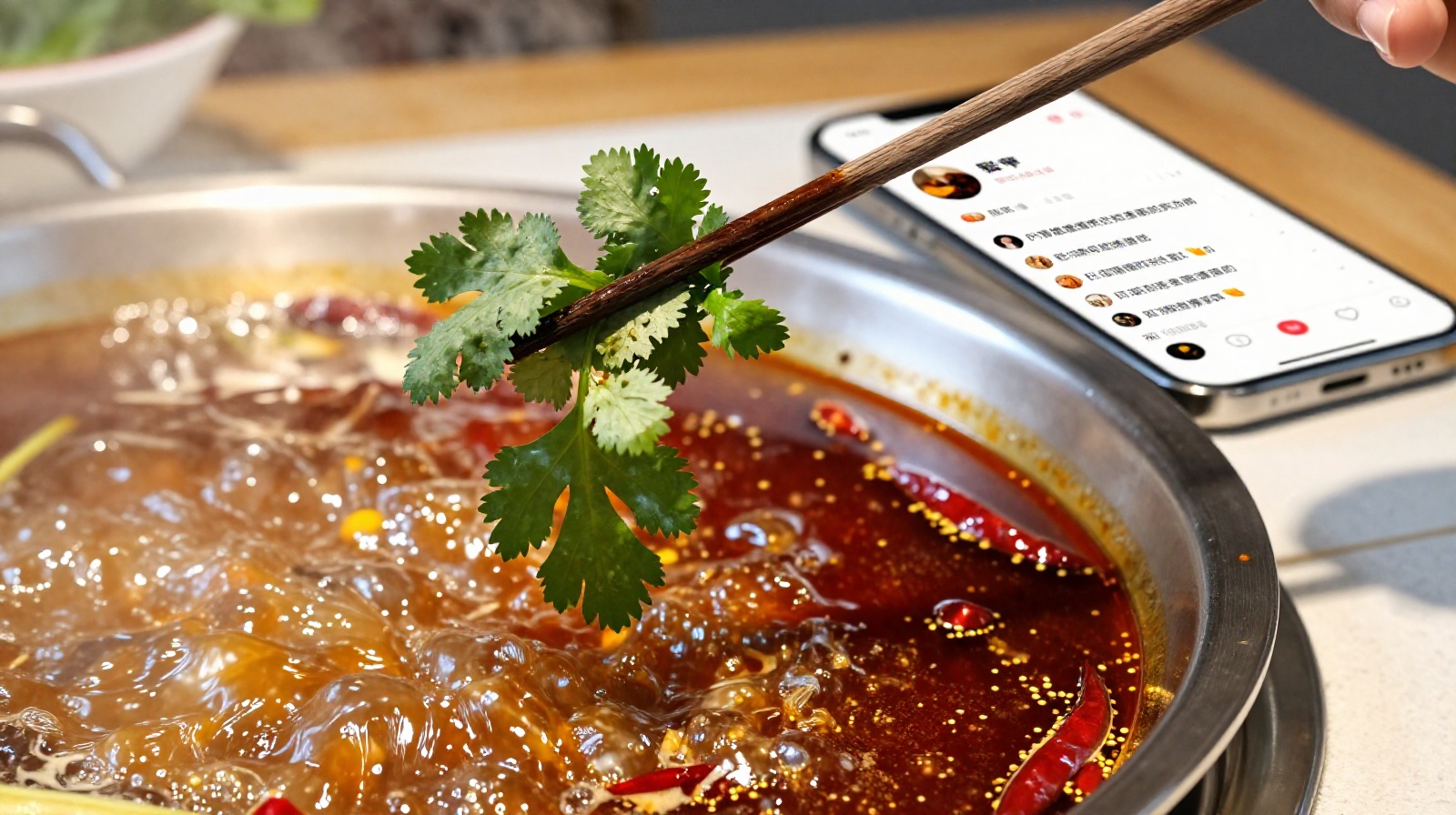 Close-up of a Chinese hotpot meal with fresh cilantro being added to spicy broth, symbolizing the cultural debate around coriander consumption.