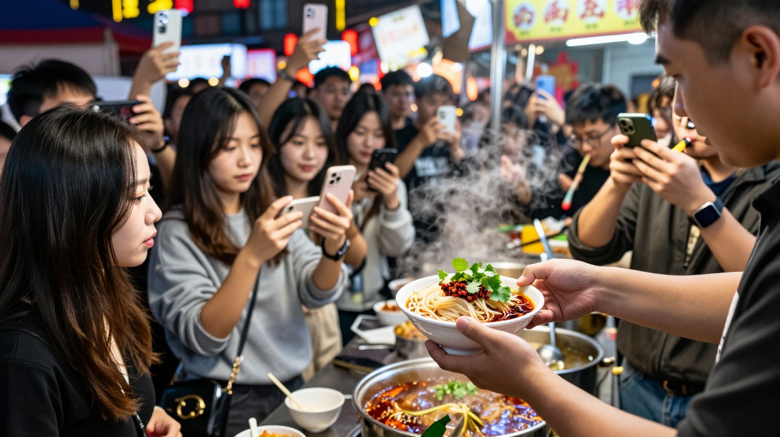 Young Chinese diners capturing images of street food at a night market, highlighting the role of social media in modern dining experiences.