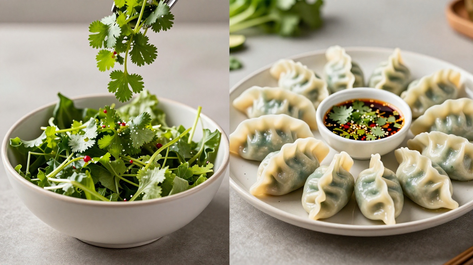 Visual comparison between Western salad habits featuring cilantro and Chinese dishes that incorporate coriander into savory dips.