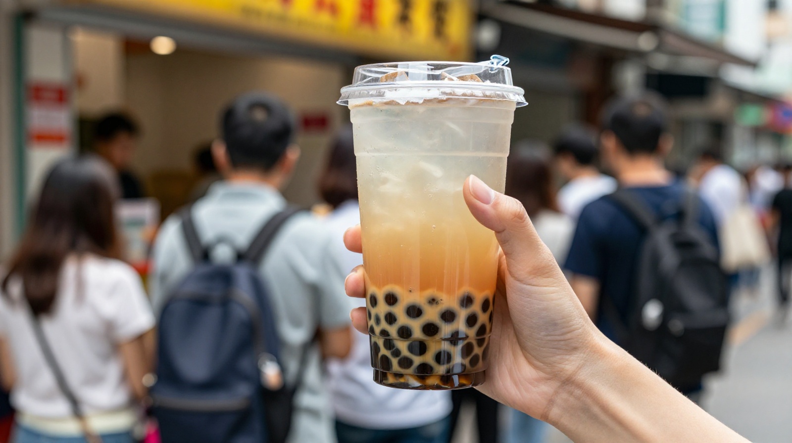 A close-up view of a customer holding a cheap lemon bubble tea cup while standing in line at a busy Chinese street shop