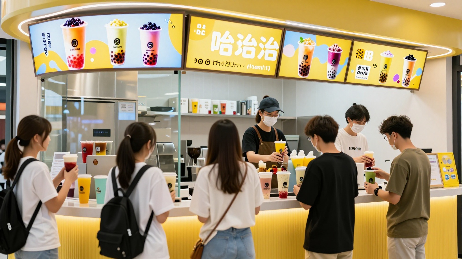 Young customers ordering drinks inside a bustling Chinese bubble tea store with visible production area