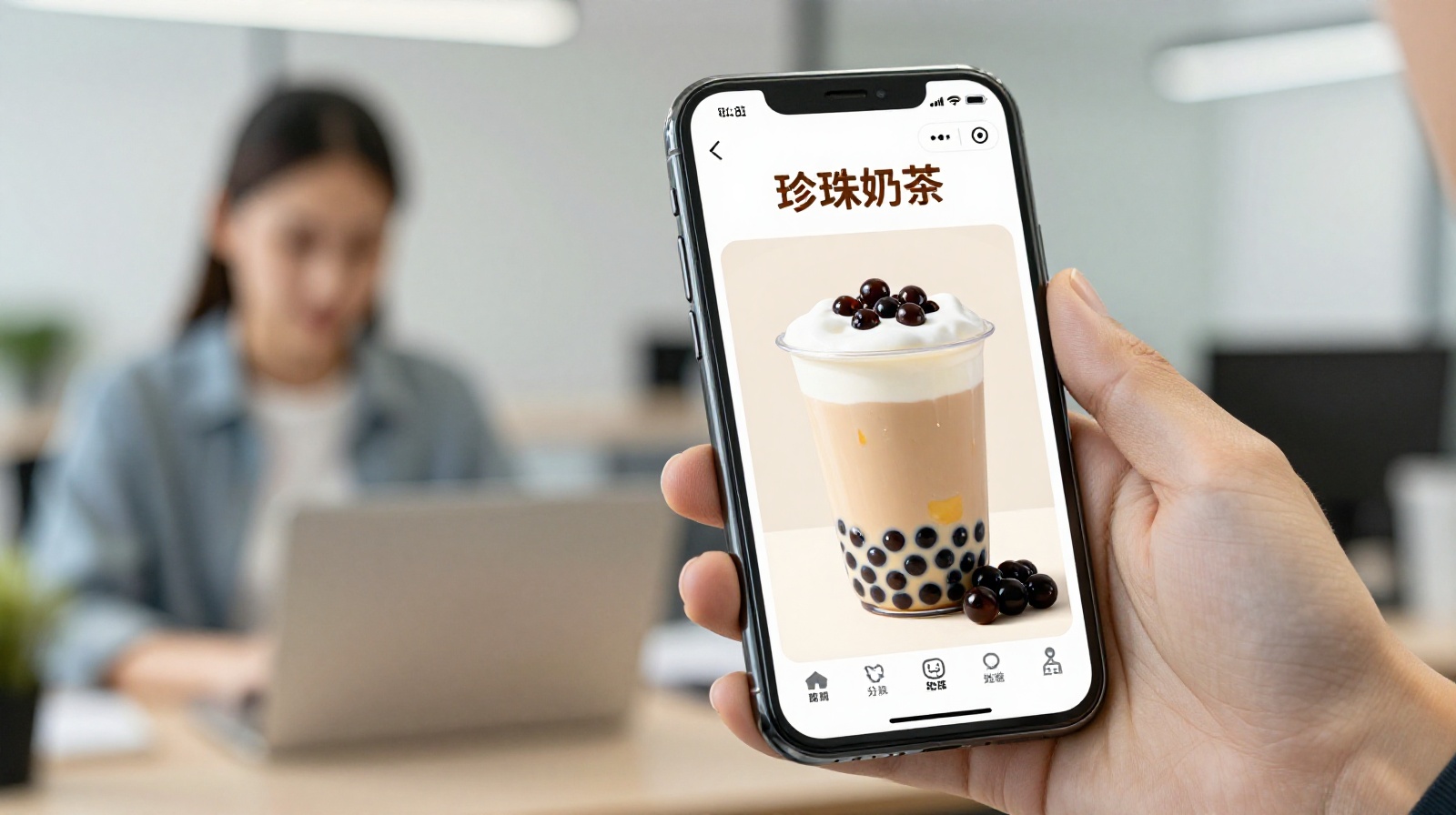 Smartphone displaying a digital menu for customizing bubble tea orders in China