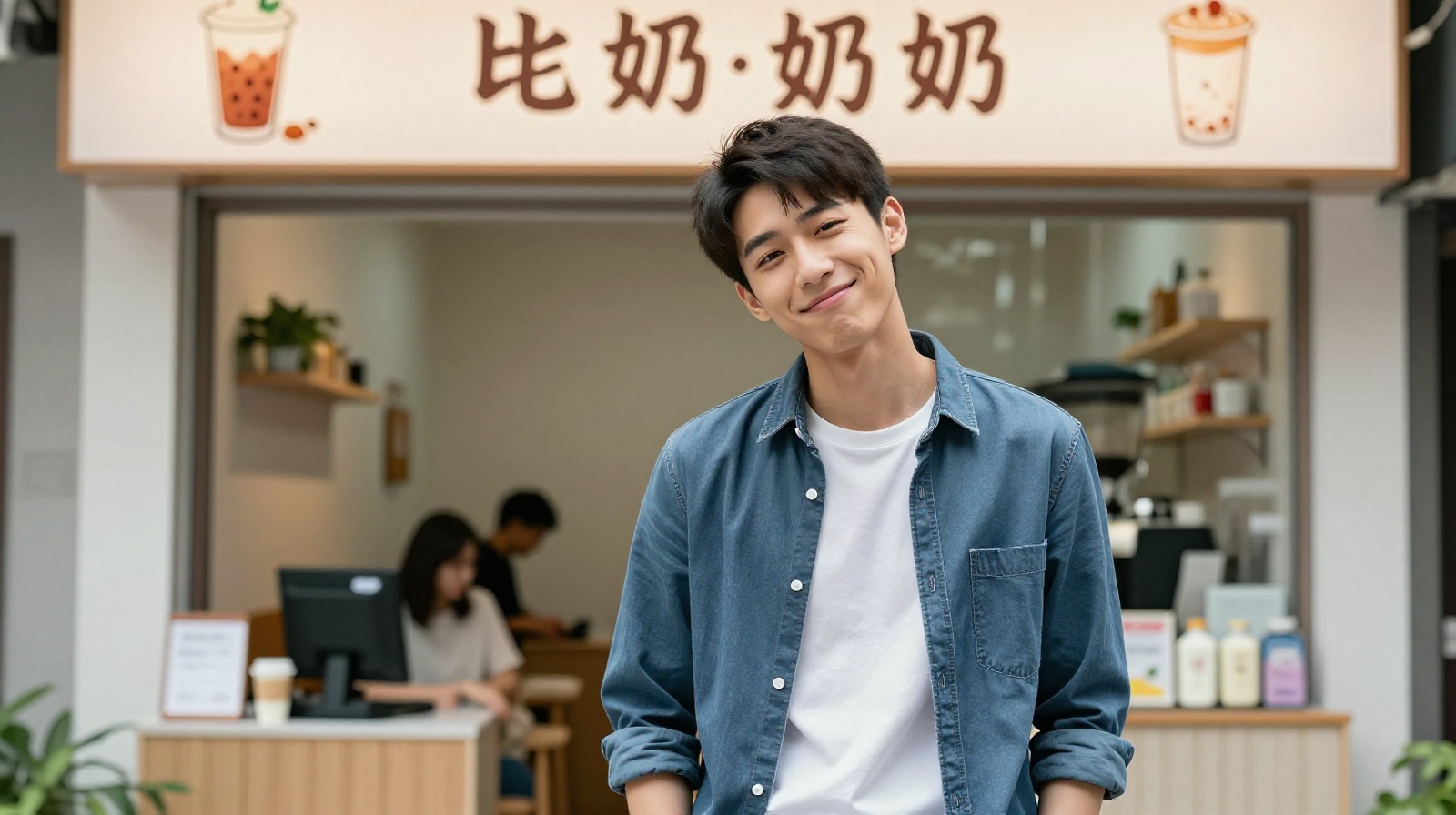 Portrait of a 24-year-old franchise owner standing outside his bubble tea shop in Wuhan