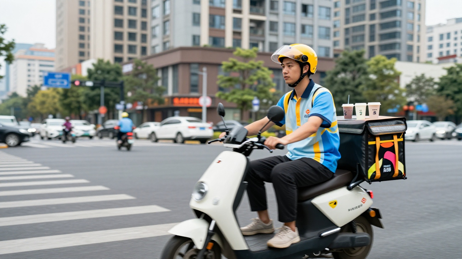 A delivery driver transporting multiple orders of bubble tea through a modern Chinese city street