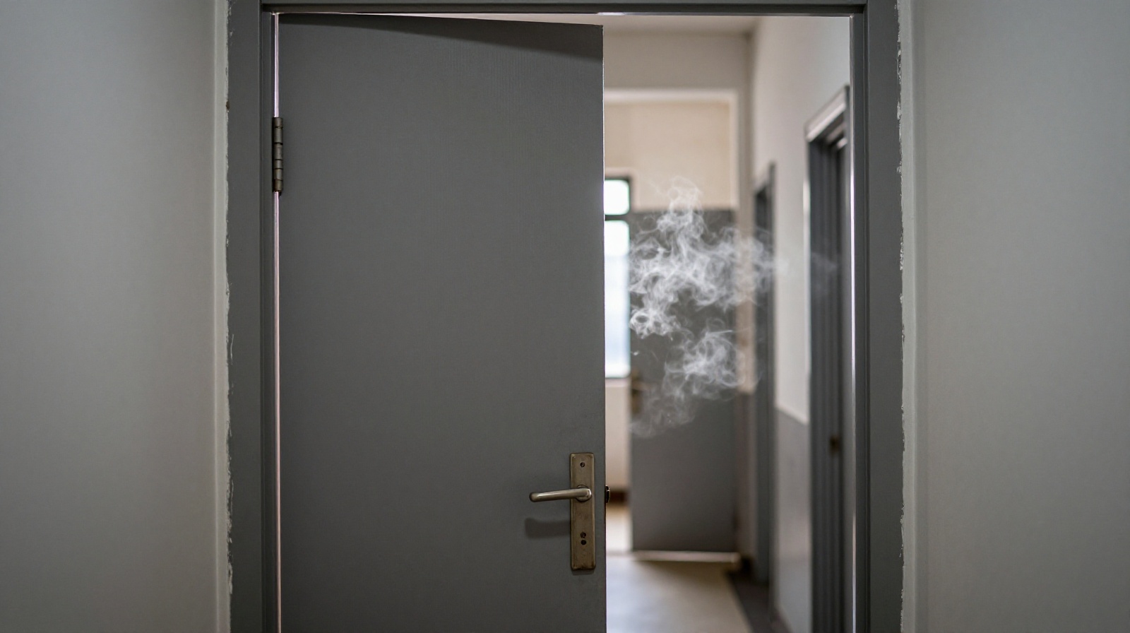 An ordinary grey door in a Beijing residential hallway representing the entrance to a hidden private kitchen Sifangcai
