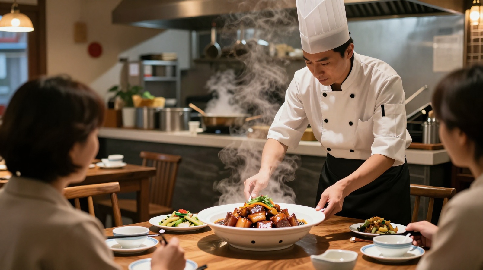 Chef preparing traditional Chinese home-style food in a private kitchen setting with guests watching and interacting