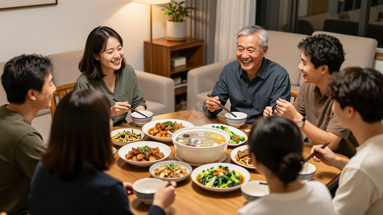 International visitors and locals enjoying an authentic home-cooked meal together in a private Chinese dining setting