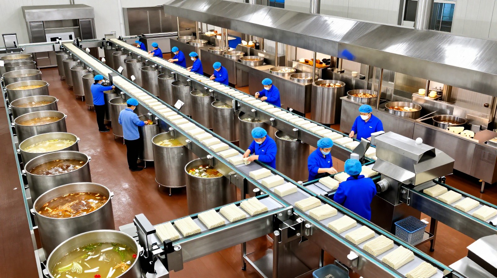 Industrial scale central kitchen producing standardized Lanzhou beef noodle broth and frozen dough for chain restaurants