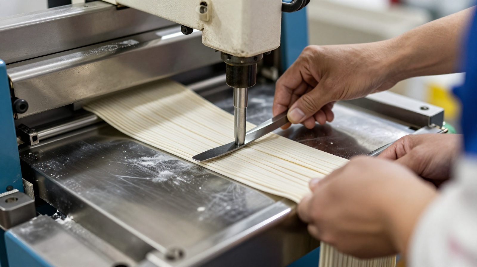 High-speed noodle production line cutting dough into precise millimeter specifications for mass distribution