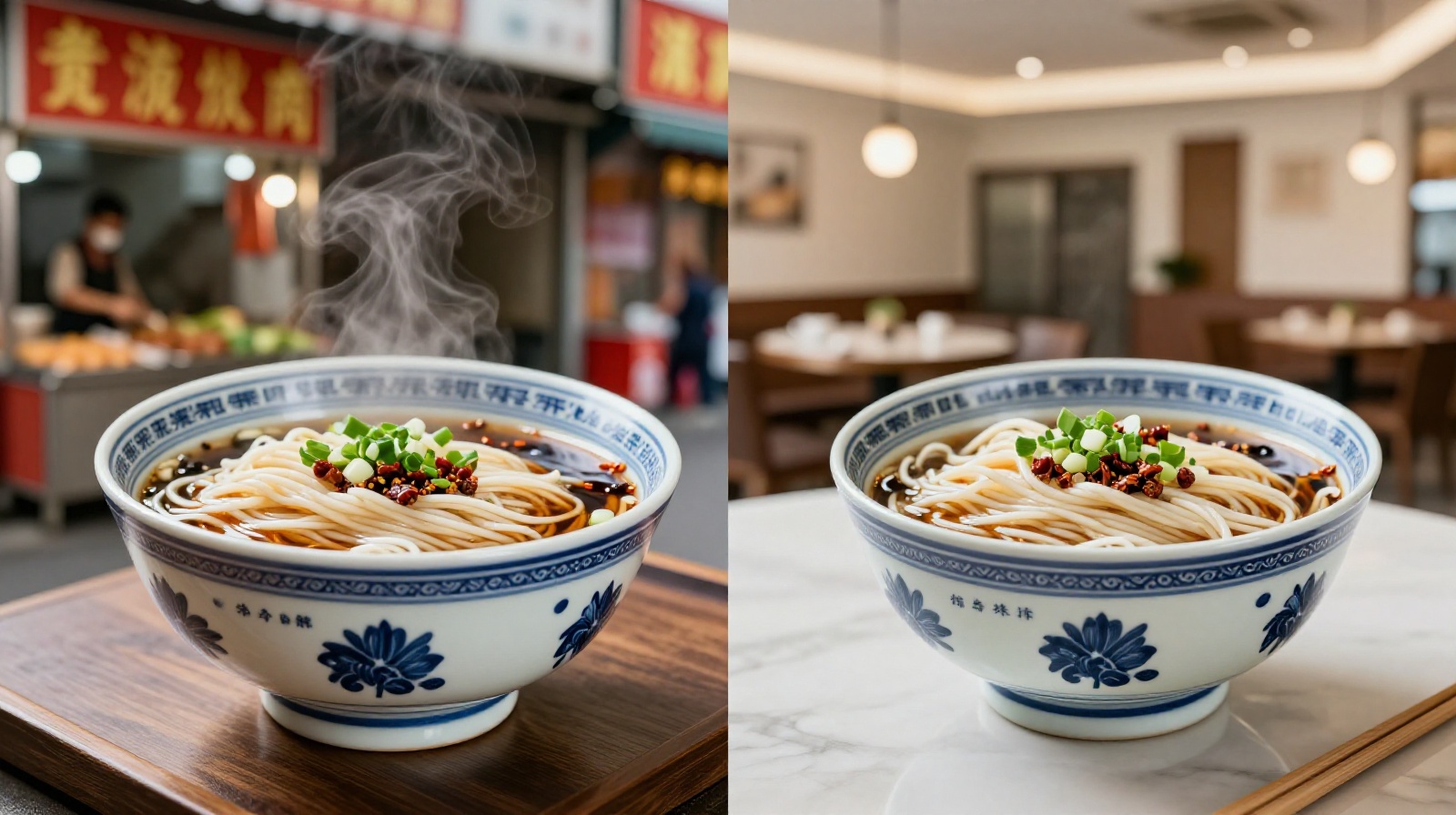 Comparison of traditional street-side Lanzhou noodle shop and a modern standardized chain restaurant