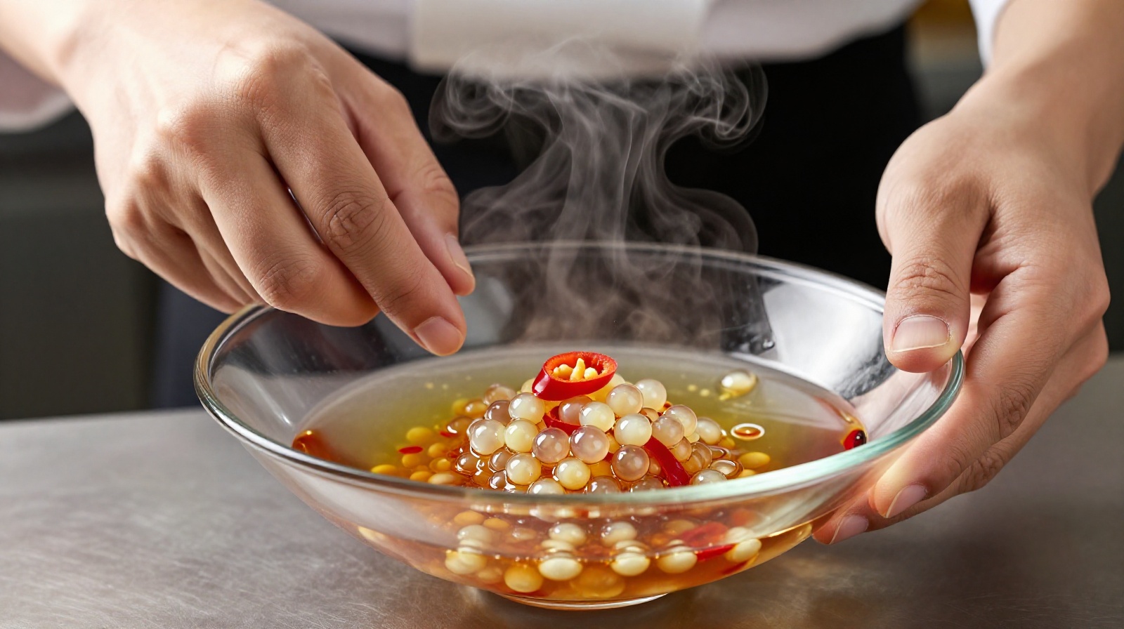 A close-up shot of a modern Chinese chef carefully placing spherified chili oil pearls onto a clear soup bowl in a busy Shanghai restaurant