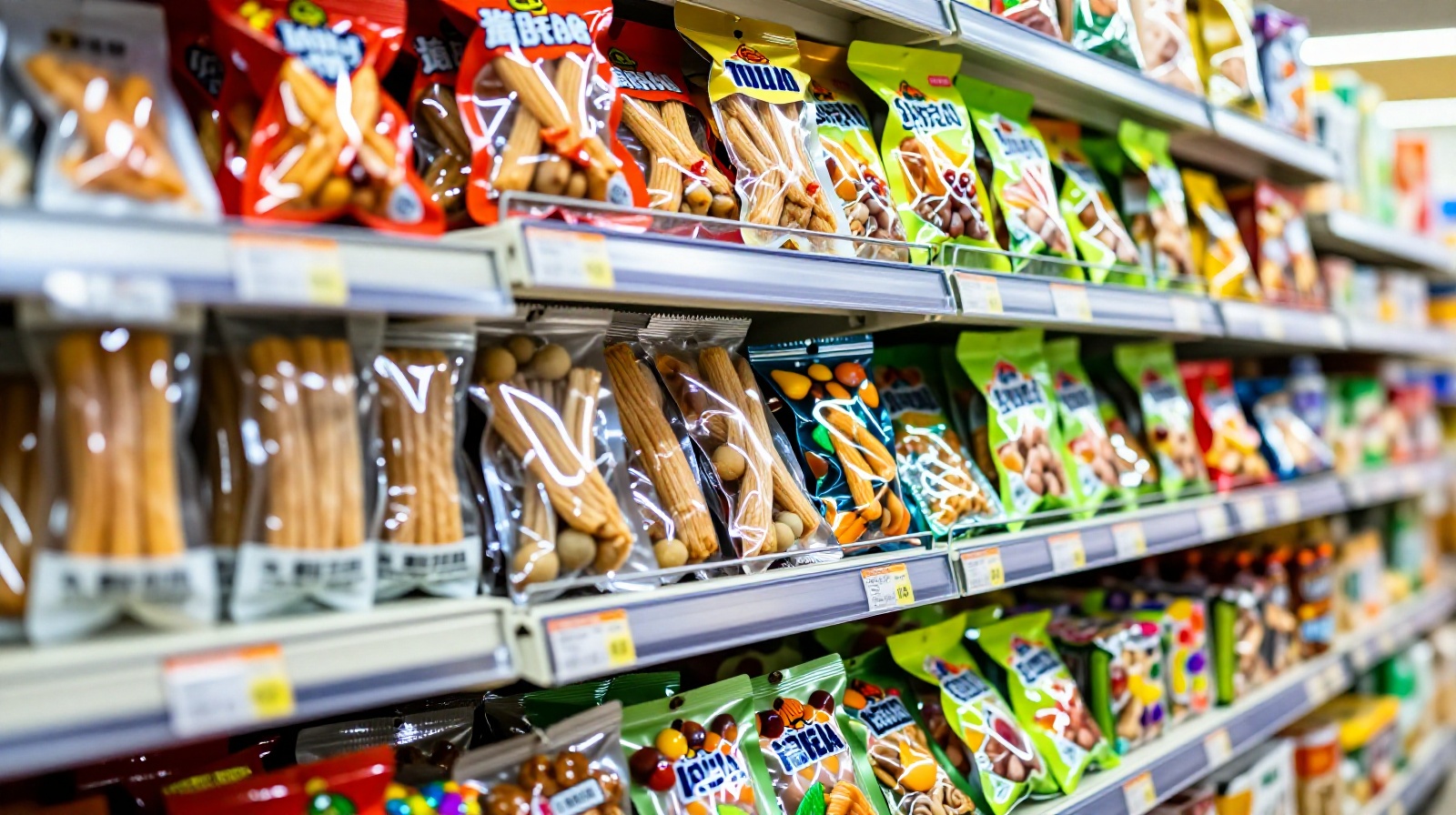 Dense display of colorful snack packages in a Chinese supermarket aisle featuring spicy gluten strips and dried fruits