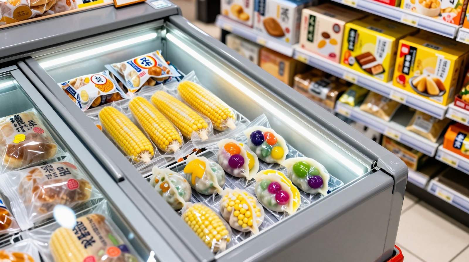 Frozen aisle in a Chinese supermarket showing fusion snacks like cheese-topped fruit balls