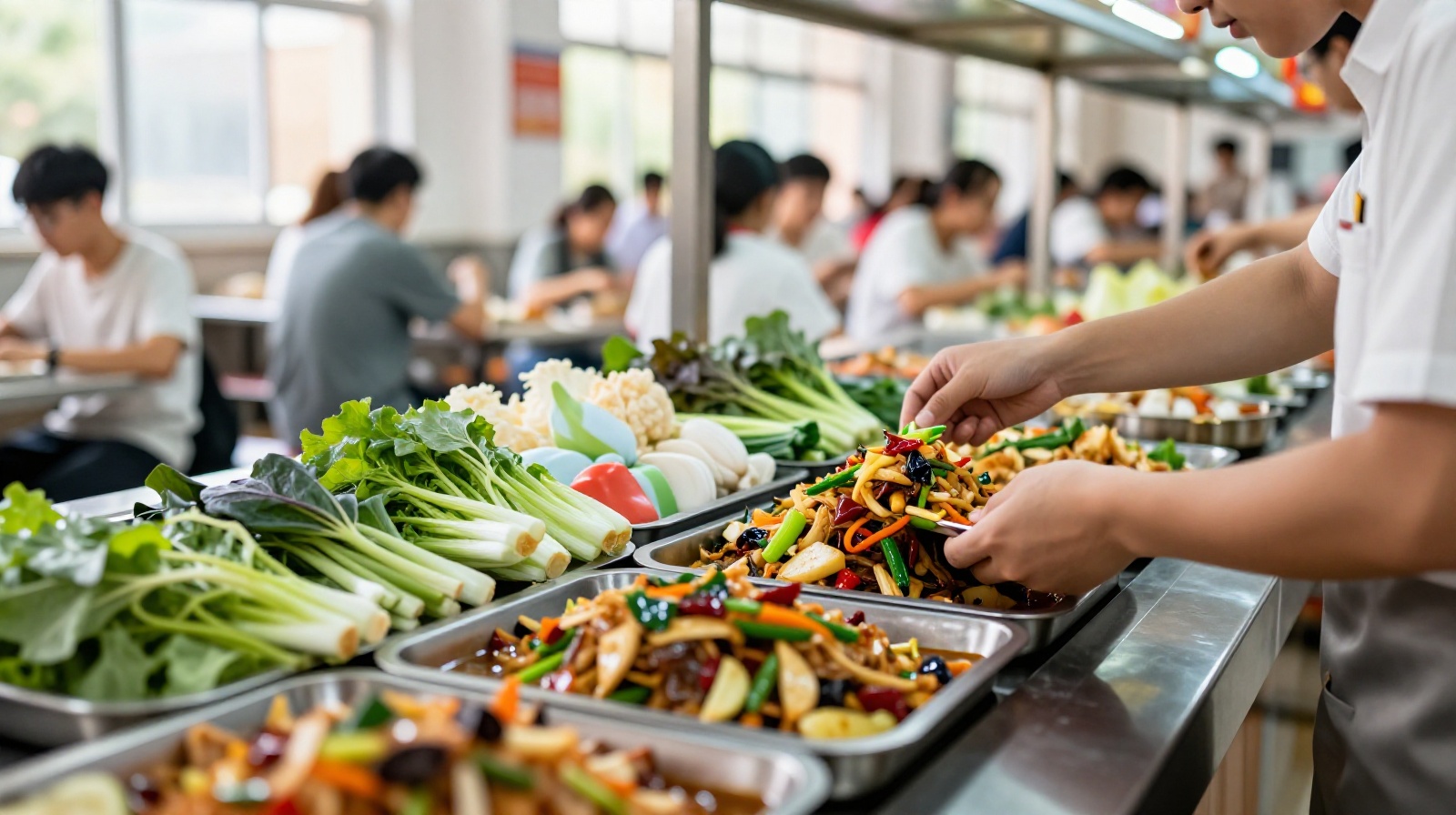Students choosing spicy Sichuan cuisine at a modern university canteen stall