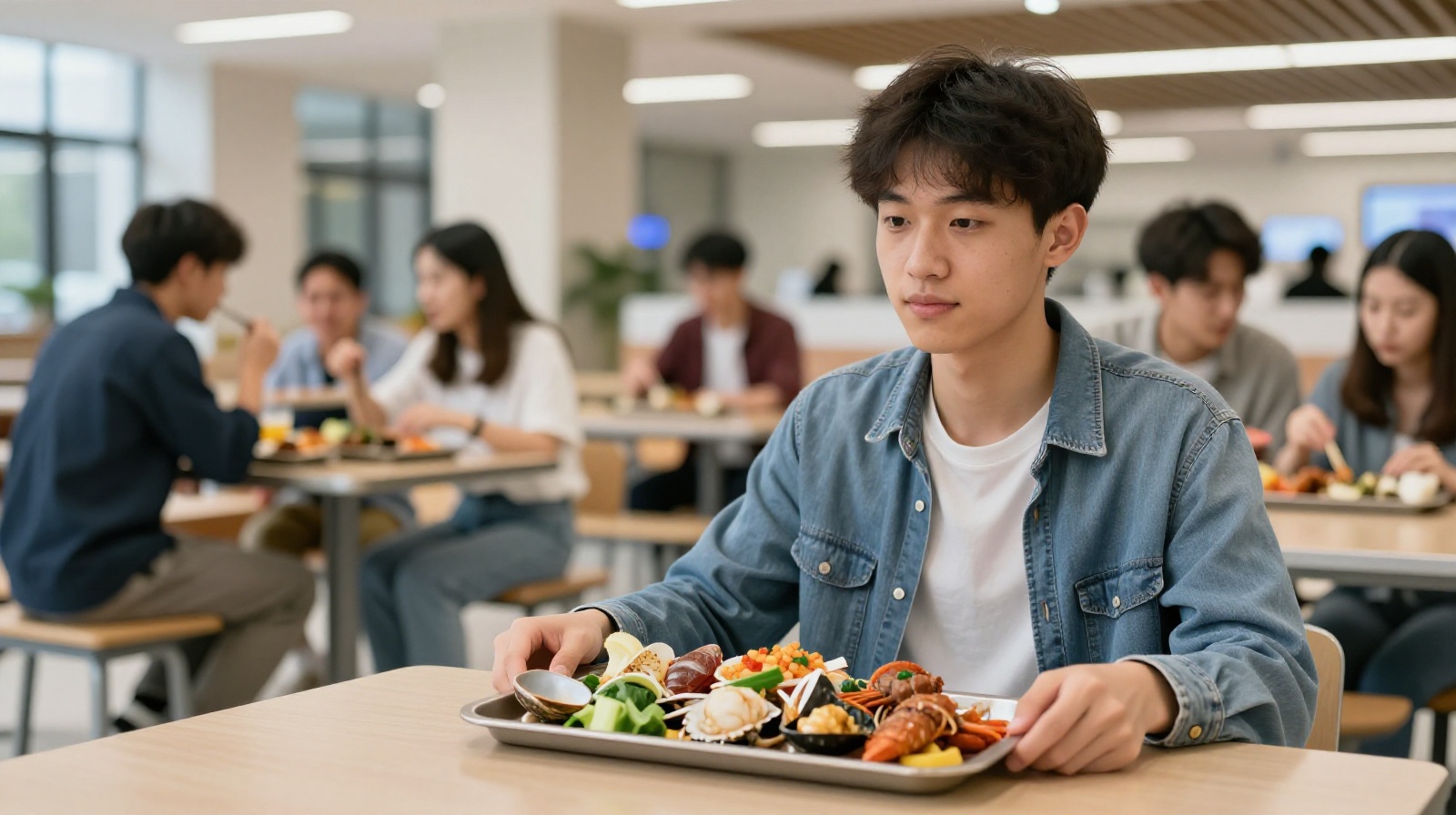 Student enjoying a seafood meal in a Chinese university cafeteria