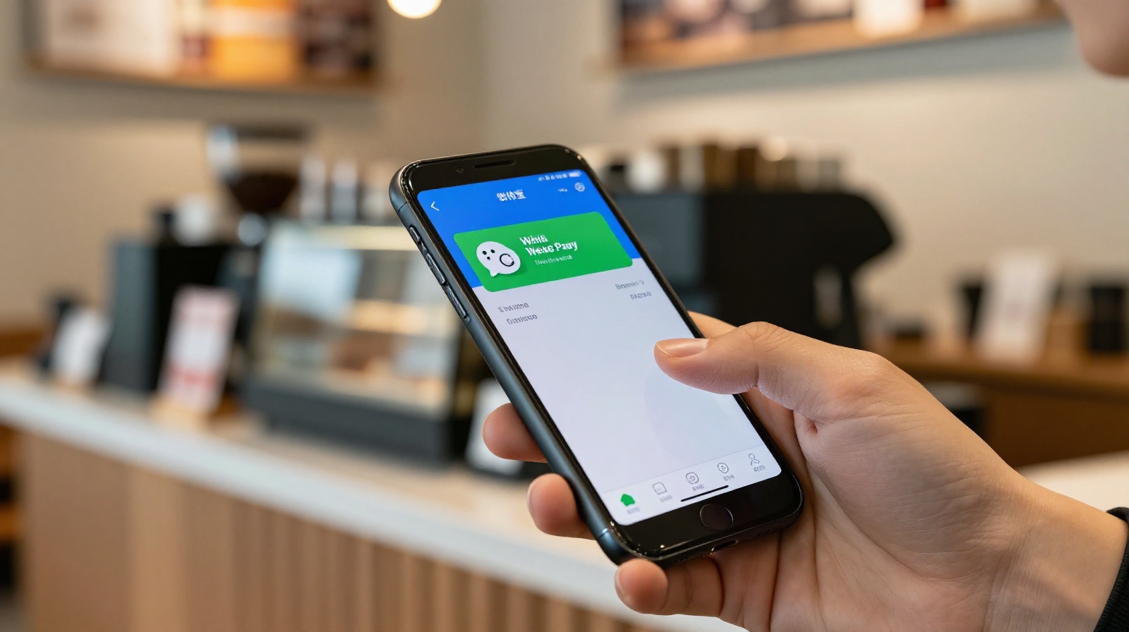 A close-up view of a person scanning a QR code at a coffee shop counter in China using a smartphone