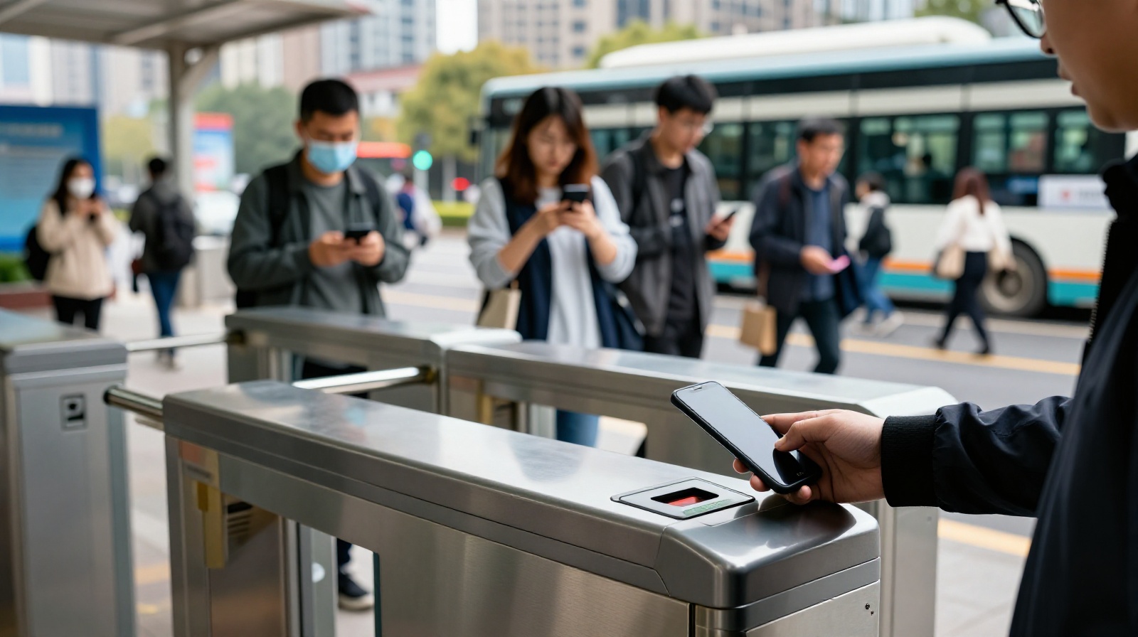 A commuter scanning a QR code on a smartphone to pay for entry at a public bus station in China