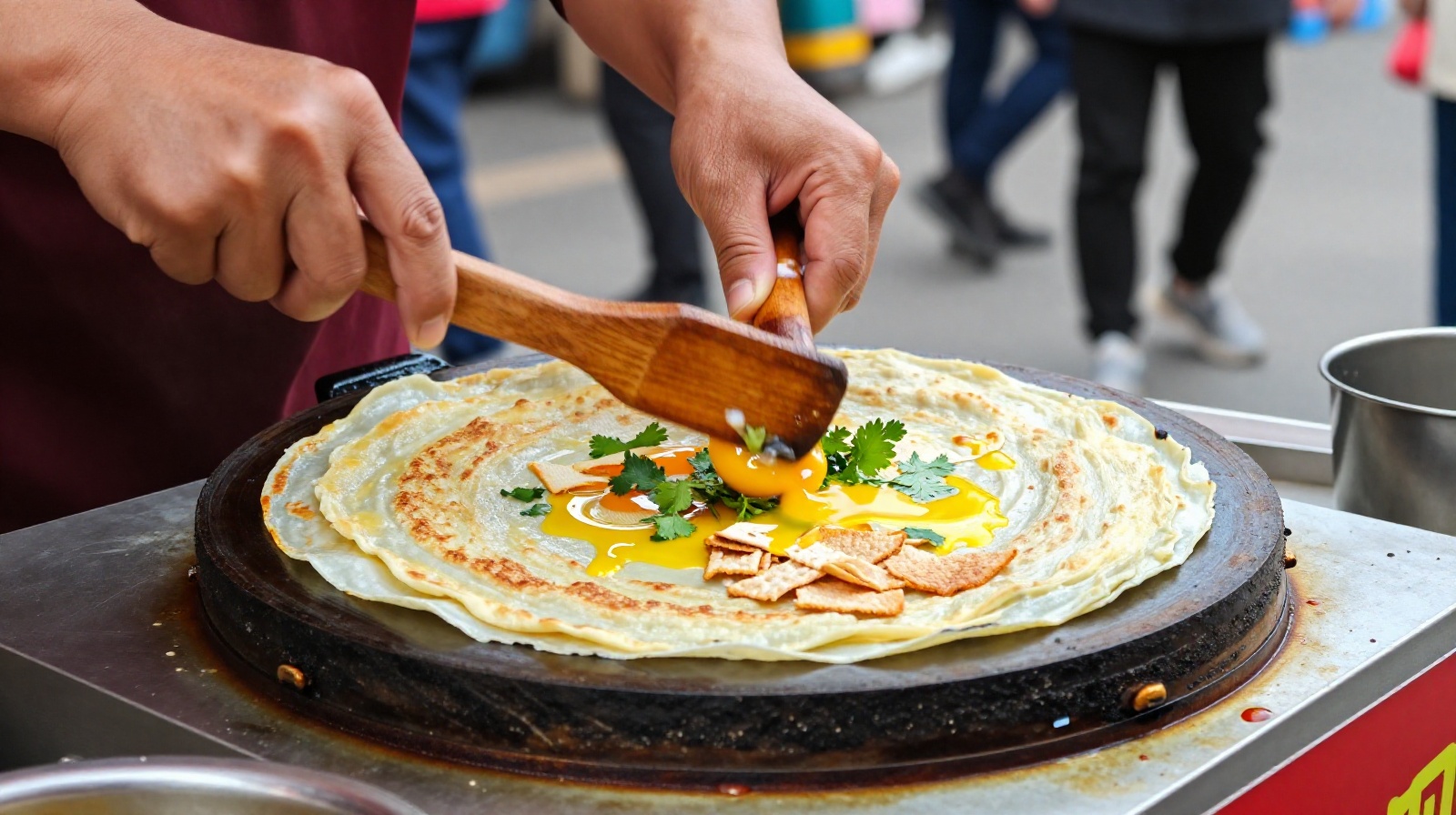 A close-up of a Chinese street vendor skillfully preparing a Jianbing savory crepe on a hot griddle at a busy morning market stall