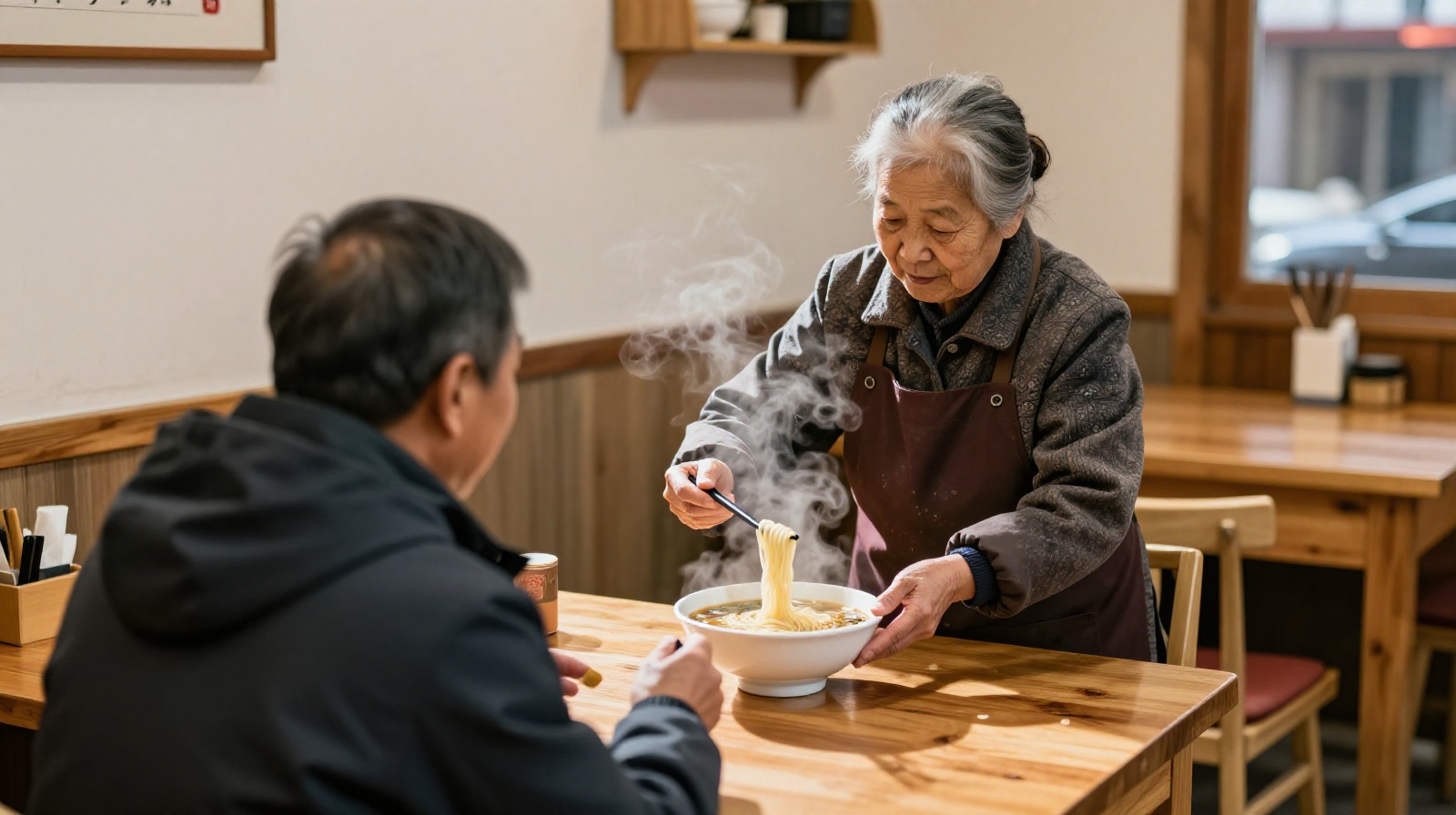 A kind elderly woman serving a hot bowl of mutton noodles to a customer in a small local noodle shop during winter
