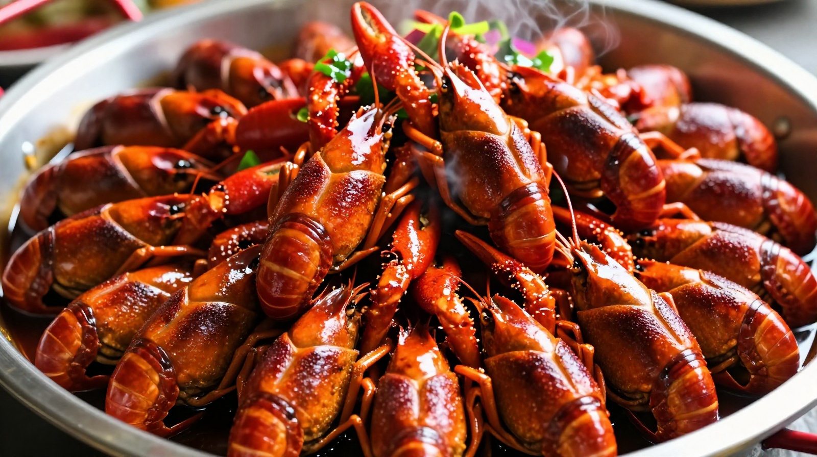 A close-up view of steaming spicy crayfish piled high in a serving dish, highlighting the rich red color and aromatic spices characteristic of Chinese summer street food