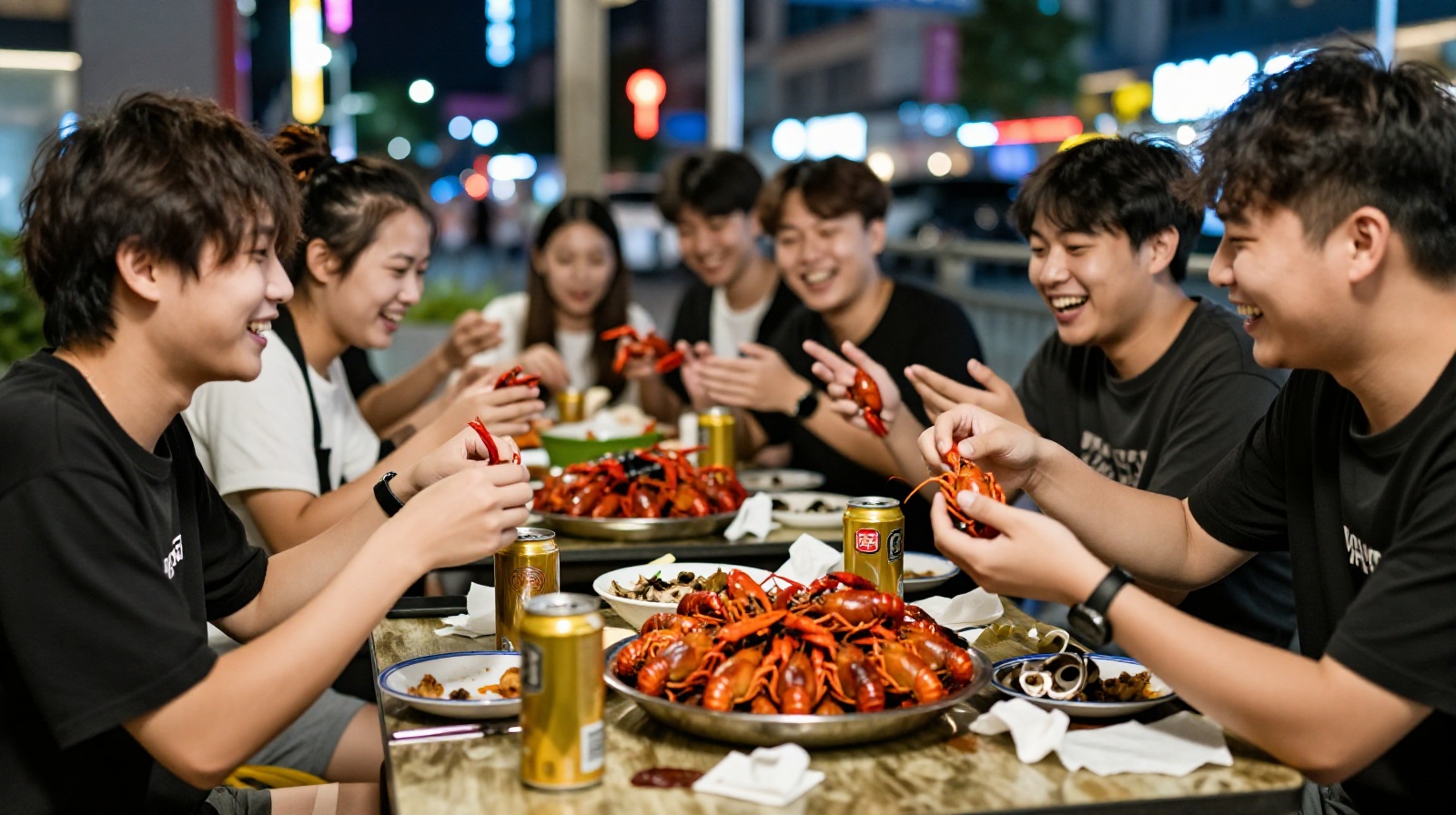 Young friends enjoying a casual meal together outdoors at night, surrounded by beer bottles and the remnants of a crayfish feast