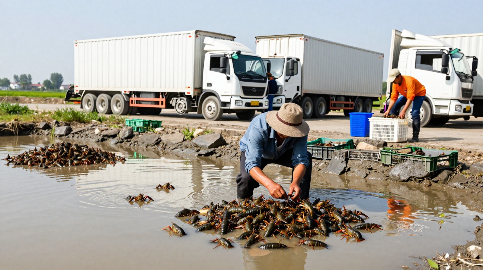A Chinese farmer collecting freshwater crayfish from a farm pond, illustrating the massive supply chain behind the summer craze