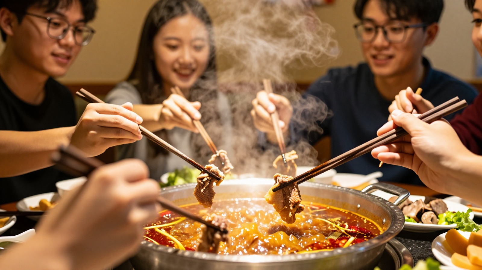 Group of young people sharing a communal hot pot meal in a busy Chinese restaurant, laughing and serving each other food with chopsticks.