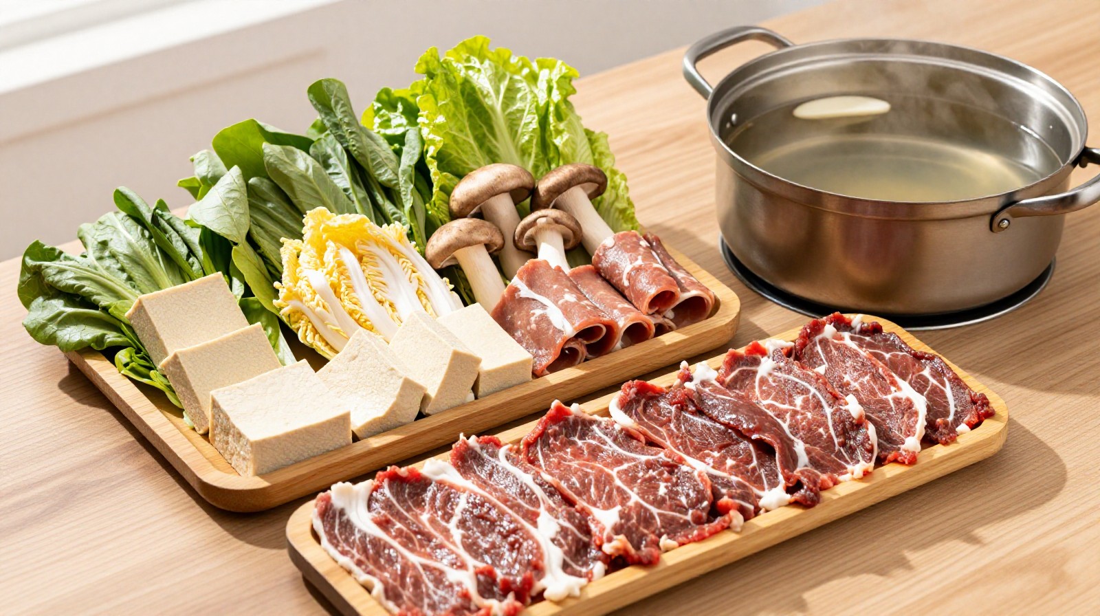 Assortment of fresh raw ingredients like sliced beef and vegetables ready to be cooked in a traditional Chinese hot pot.